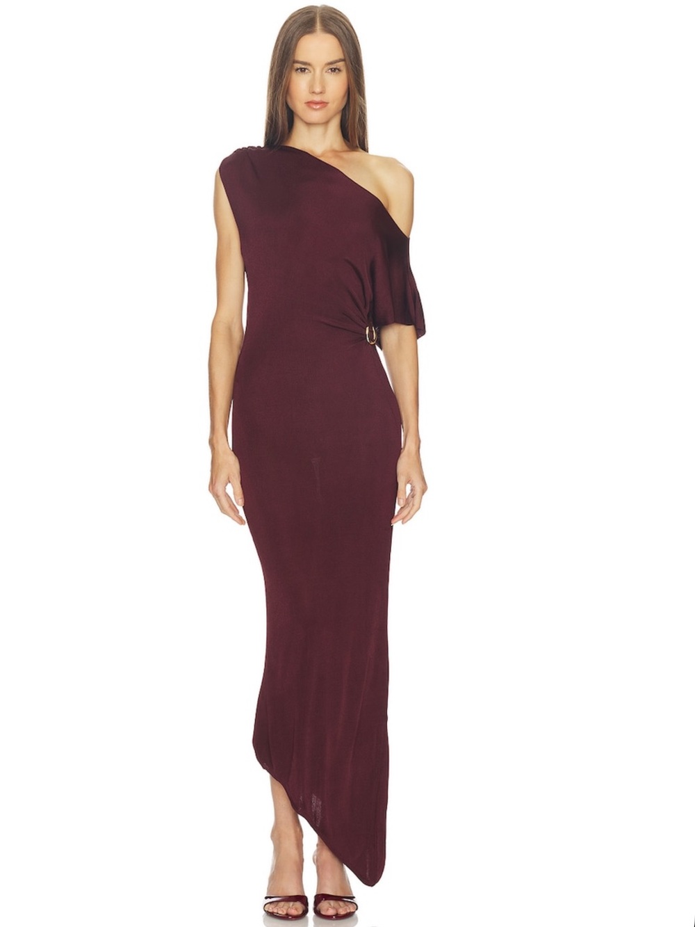 One-Shoulder Maxi Dress in Burgundy with Ring Detail